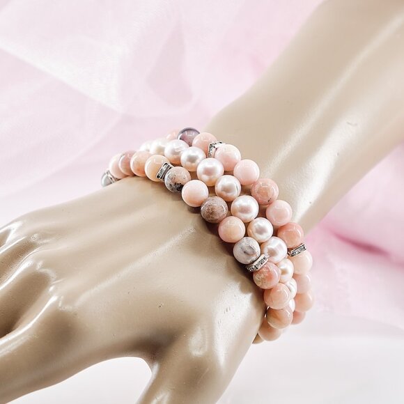 Pink Opal, Crystal & Pearl Stretch Bracelet Set of 3, Fast Shipping - Picture 6 of 11